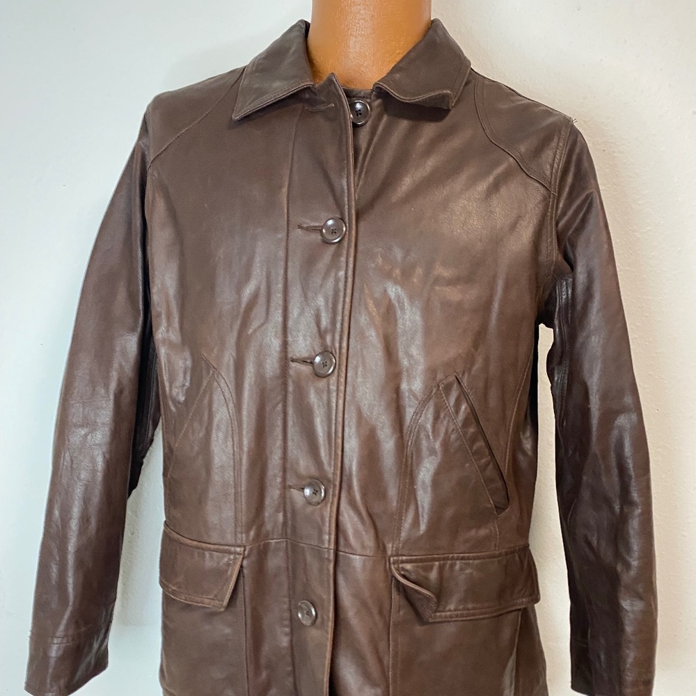 Ladies Eddie Bauer Brown Petite Large Lambskin Leather Jacket  Insulated